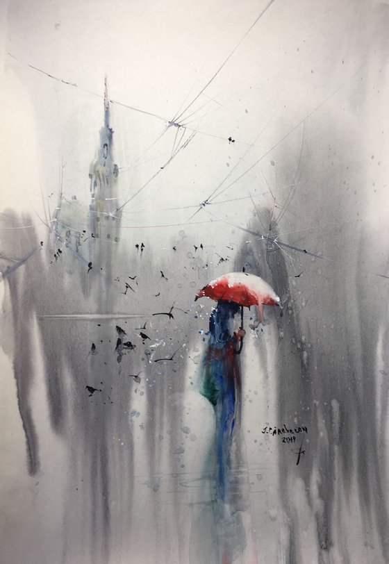 Watercolor "The red umbrella”