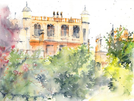 Wollaton Hall painting, Nottingham Art, English Stately home, loose watercolour, watercolor