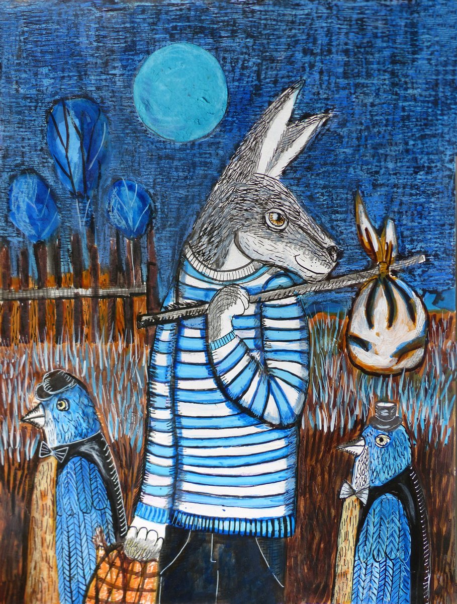 Surrealistic Animal Painting By Elizabeth Vlasova, 11 X 14, Goodbye, Village, Original Artwork