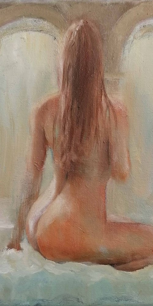 Nude woman seated by the pool by Susana Z. Harris