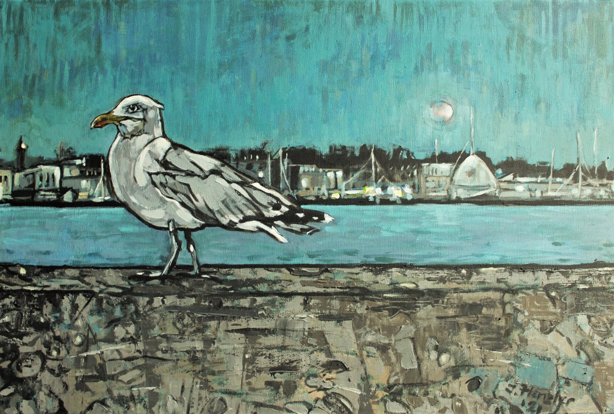 Landscape Acrylic Painting By Joanna Plenzler, 24 X 16, Seagull In Moonlight, Original Artwork