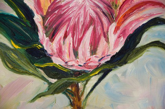 Flower protea original oil painting on canvas, pink plant in glass still life