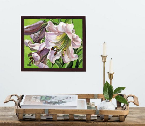 pink lily with green acrylic painting