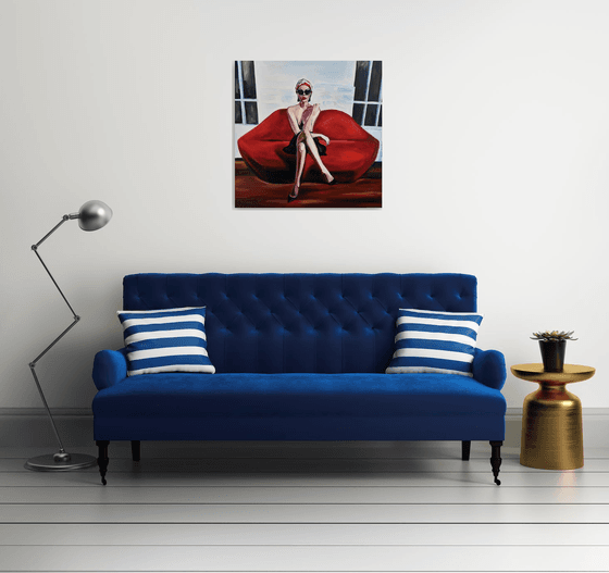 LIPS SOFA - oil painting on canvas, red lips, woman, gaze, sex, erotics, body shapes, white, red, sunglasses, office art, wall art