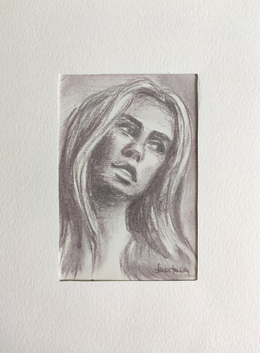 Beautiful Girl Portrait Small Drawing Young Woman Long Hair Charcoal Sketch by Anastasia Art Line