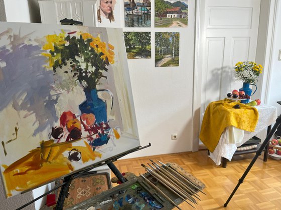 Still life with wildflowers and fruits