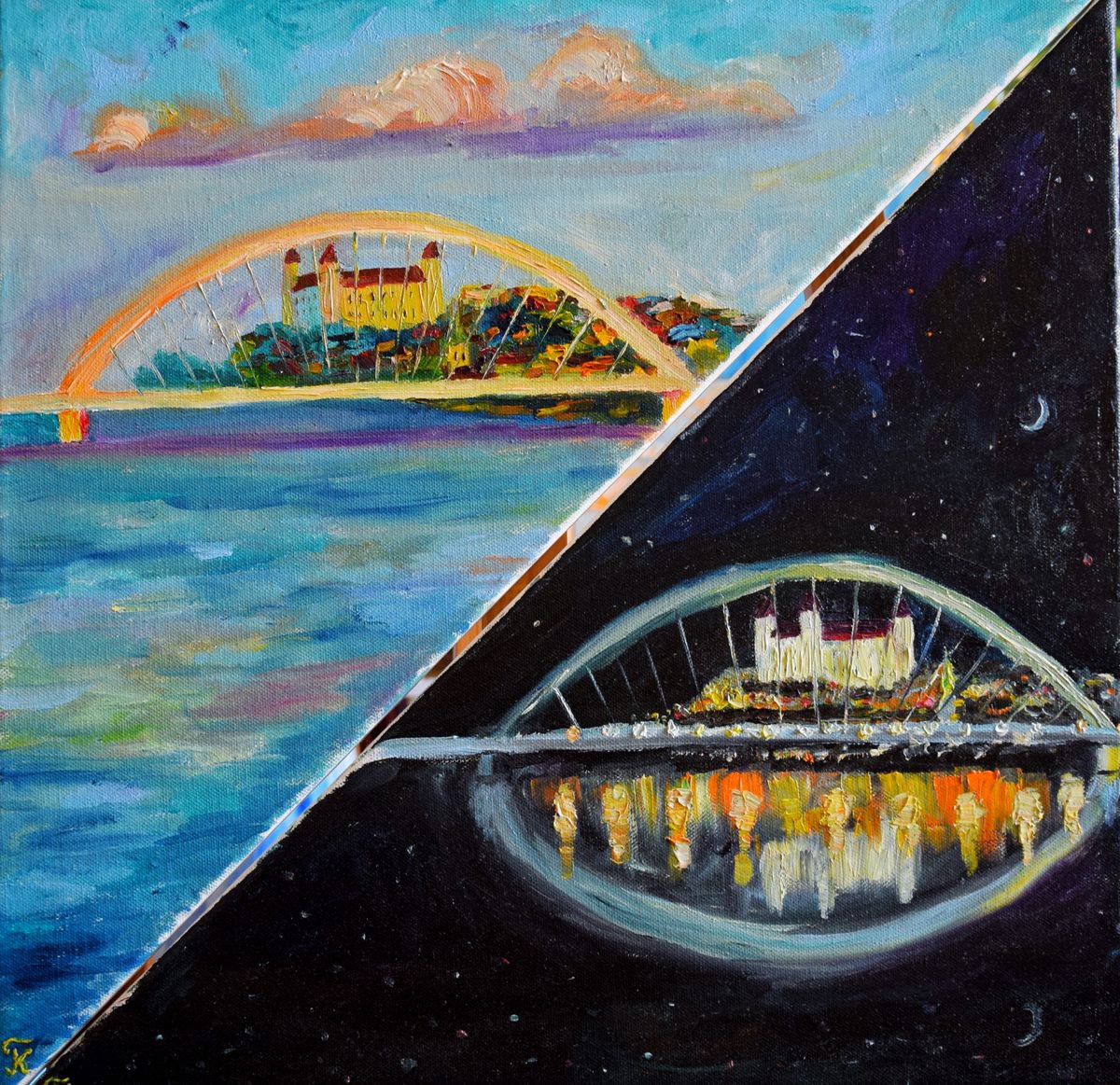 Diptych Bratislava day and night, set of 2 OIL PAINTINGS on canvas by Kate Grishakova
