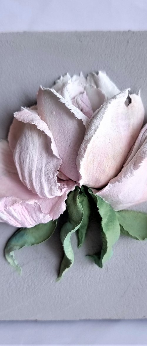Small relief flower painting with white-pink rose on a grey backgroud. The Rose #2. 13.5x13.5x4cm by Irina Stepanova