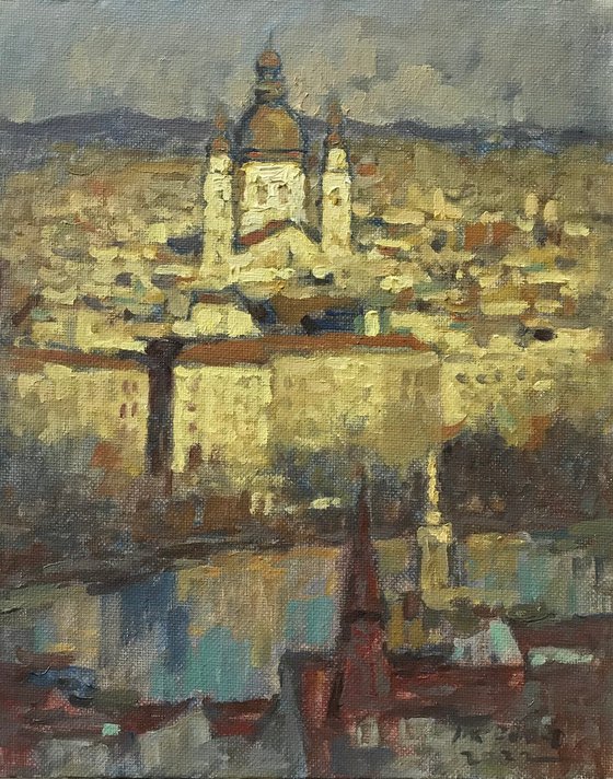 Original Oil Painting Wall Art Signed unframed Hand Made Jixiang Dong Canvas 25cm × 20cm Cityscape Golden Budapest Small Impressionism Impasto