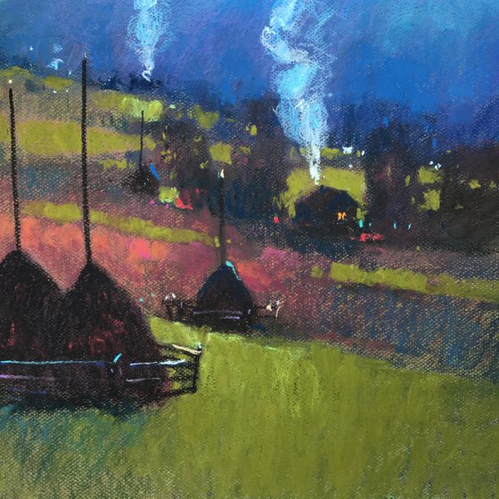 Ukrainian landscape Haystacks in Carpathian Mountains Soft pastel 19.6x19.6 inch (50x50 cm)