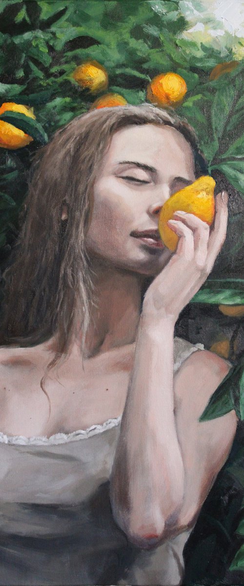 Girl with lemons. Original painting 50x70 cm. As a gift. by Linar Ganeev