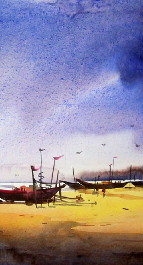 Fishing Boat and Monsoon day-Watercolor on Paper by Samiran Sarkar