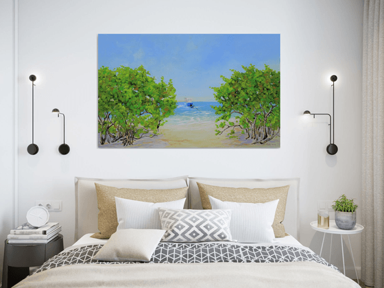 COASTAL PARADISE. SANIBEL ISLAND BEACH. Tropical Island Seascape Painting of Florida Beach and Fishing Boat.