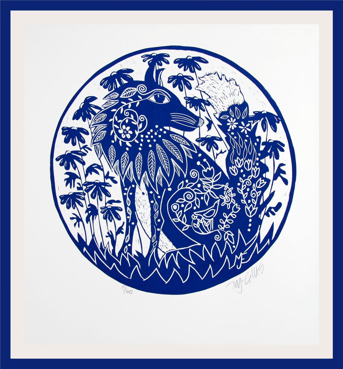 Fox and Daisies, a blue and white linocut by Mariann Johansen-Ellis