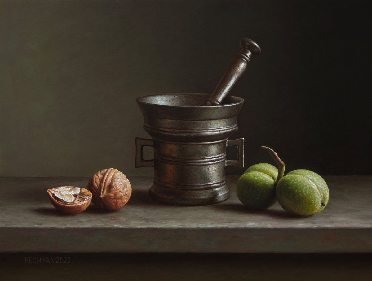 Photorealistic Still Life Oil Painting By Albert Kechyan, 15 X 11, Walnuts With A Bronze Mortar, Original Artwork