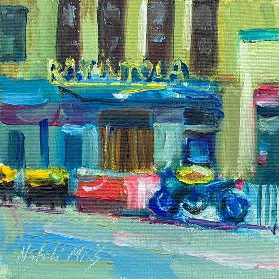 Urban Street Scene- Motorcycle by Restaurant