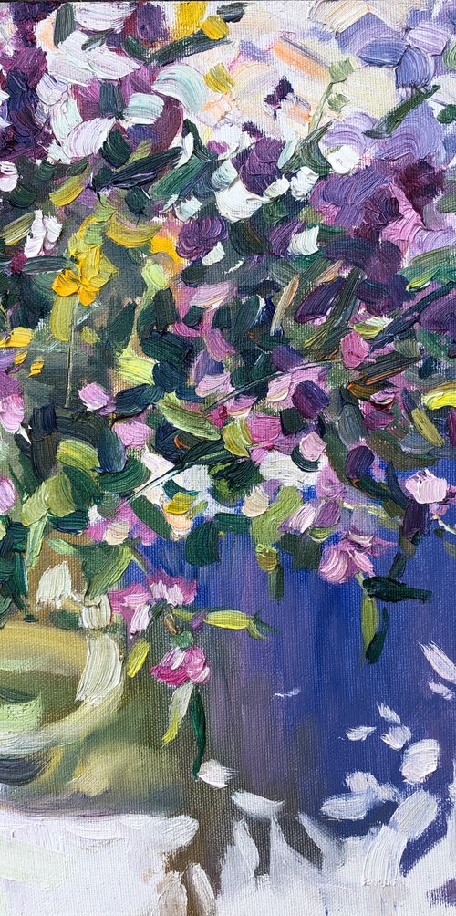 Wild pink flowers and blue shadow by Nataliia Nosyk