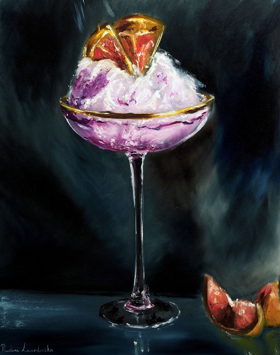 Impressionistic Still Life Oil Painting By Ruslana Levandovska, 24 X 30", Cocktail - With Gold Leaf, Original Artwork
