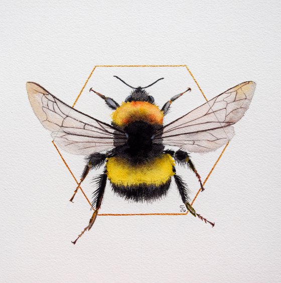 Bee Painting, Bumblebee Wall Art, Bee Original Watercolor Painting, Square Art