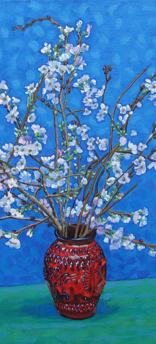 Winter Flowering Cherry on a Green Table by Richard Gibson