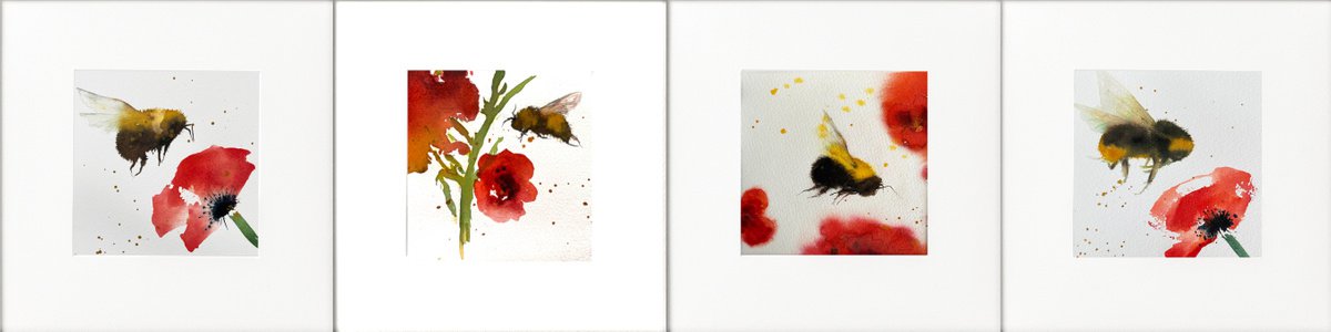 Impressionistic Botanical Watercolour By Teresa Tanner, 36 X 9", Four Bees & Red Flowers, Original Artwork