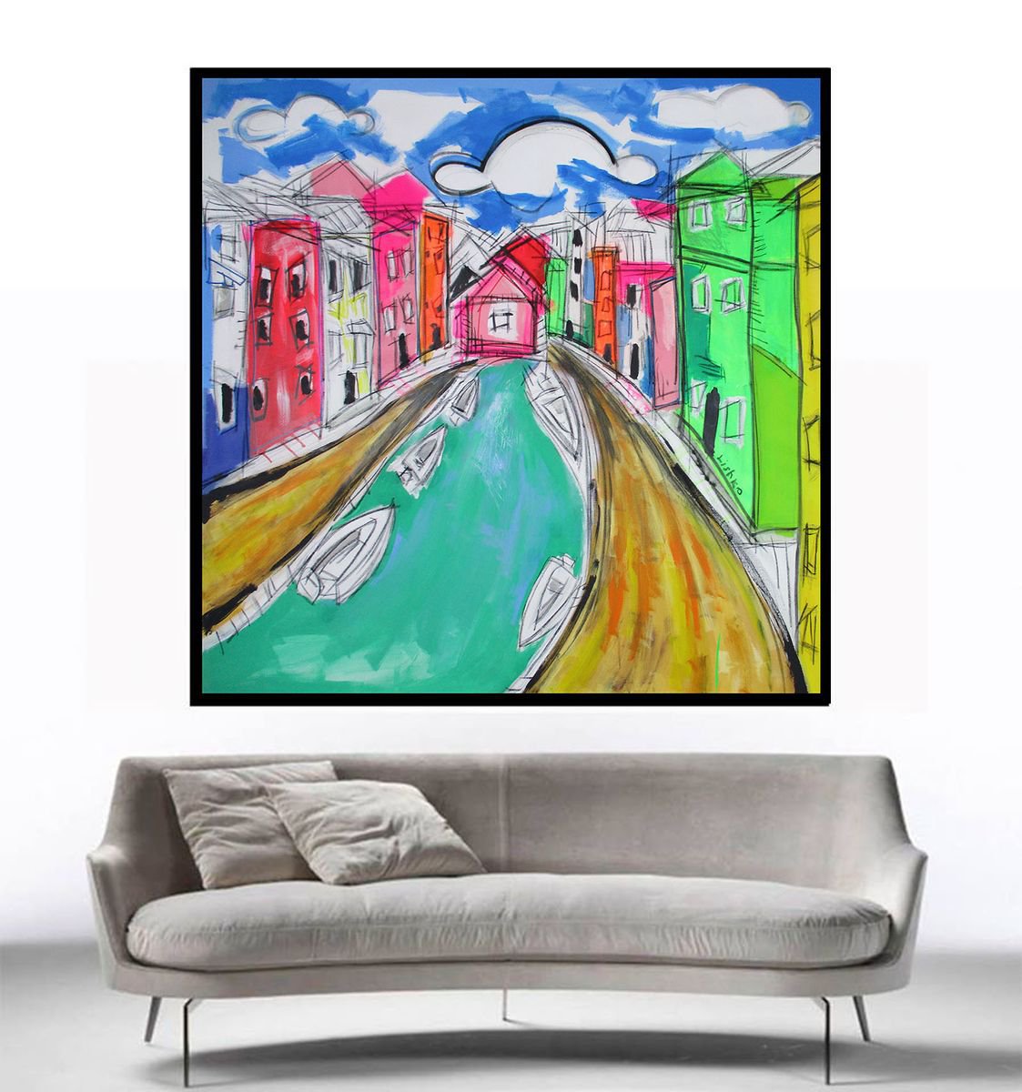 Expressive Cityscapes Acrylic Painting By V. Lishko, 51 X 51", Burano Venice Italy, Original Artwork