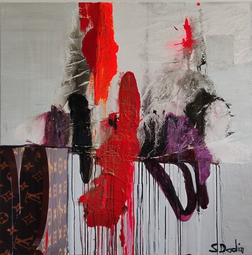 Bright Red & white Colors   Abstract Acrylic & Paper collage  100x100 by Sylvie Dodin