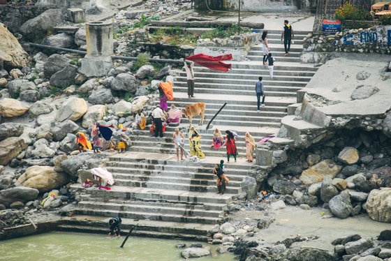 Pilgrims on stairs