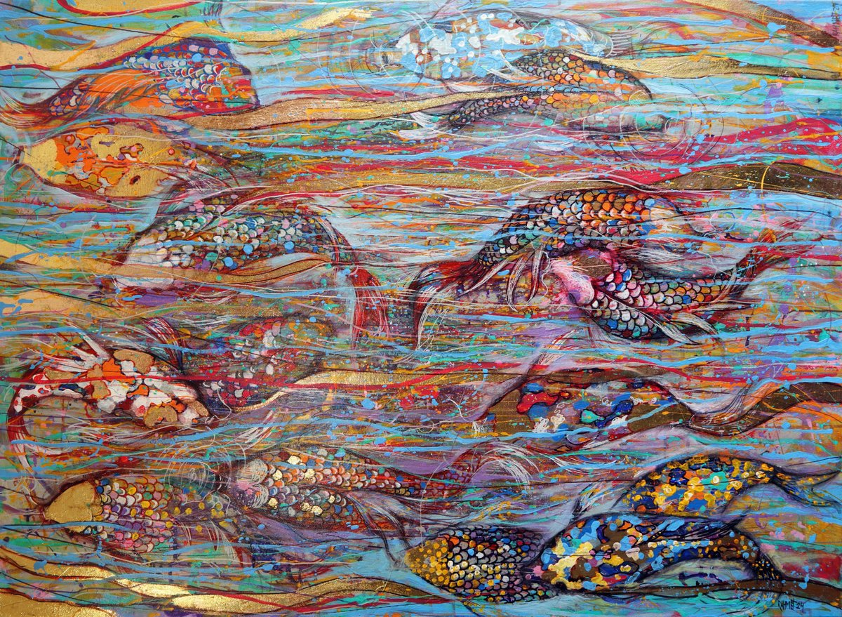 Impressionistic Animal Acrylic Painting By Rakhmet Redzhepov, 43 X 31", Golden Koi, Original Artwork