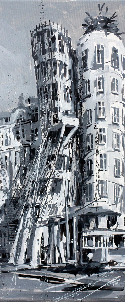 Portrait of a dancing house with a tram. by Alexandr Klemens