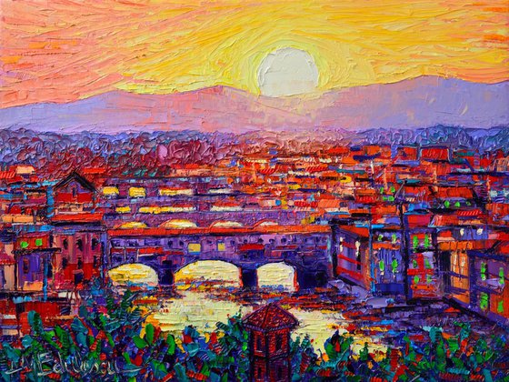 Florence sunset over Ponte Vecchio contemporary impressionism abstract cityscape impasto palette knife oil painting