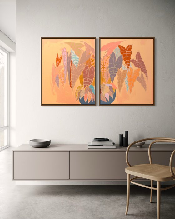‘Burnt Coral Alocasia and Begonia’ diptych