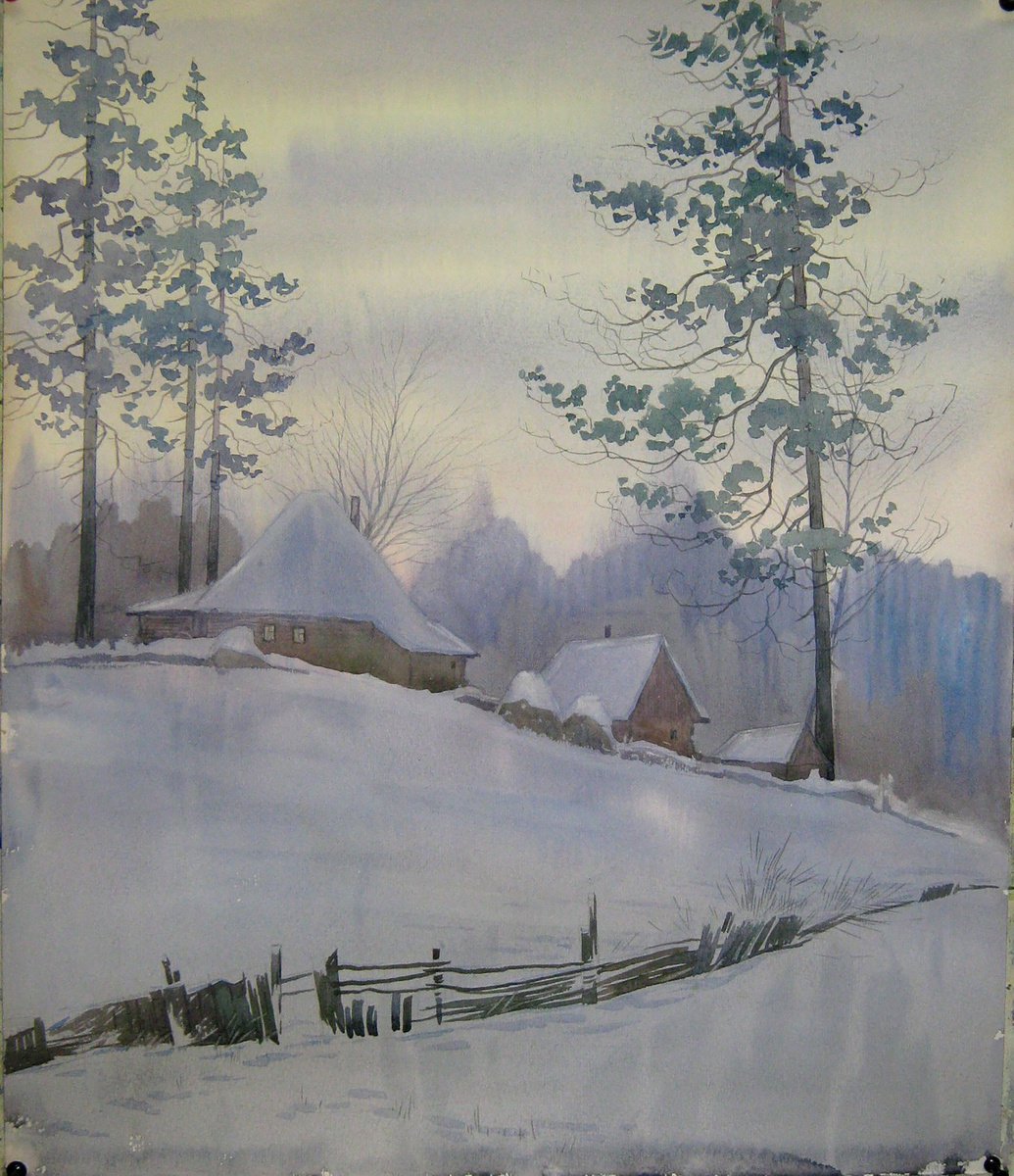 Impressionistic Landscape Watercolour By Valeriy Savenets-1, 16 X 20", Winter Evening, Original Artwork