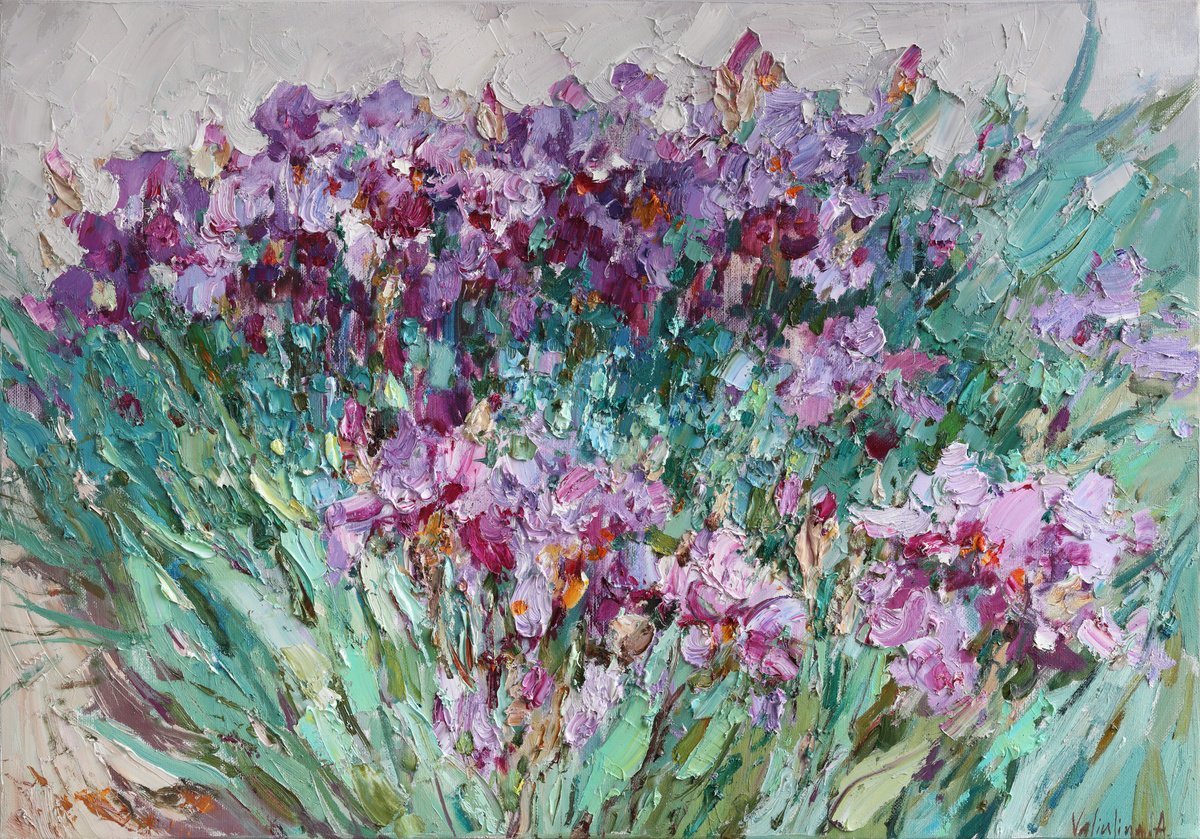 Impressionistic Botanical Oil Painting By Anastasiia Valiulina, 39 X 28, Irises, Original Artwork