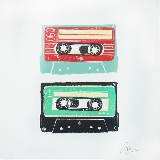 Linocut tapes duo #1 (cassette tapes, retro music, 70's, 80's rock culture)