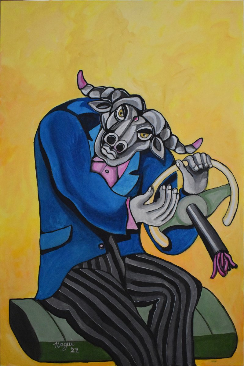 Expressive Portrait Acrylic Painting By Nagui, 24 X 36", Buffalo Bull