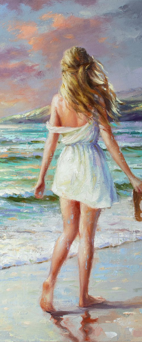 WALK BY THE SEA by Yaroslav Sobol (Modern Impressionistic Figurative Oil painting of a Woman in Romantic Sea Landscape Girl Model Beach scene Gift Home Decor) by Yaroslav Sobol
