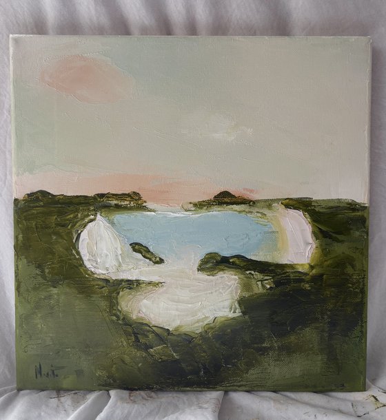 Impasto abstract seascape cliffs calm.