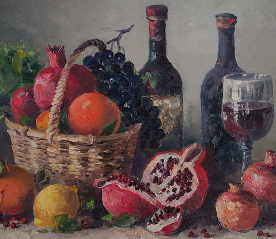 Still life fruits and wine (50x70cm, oil painting,  ready to hang)