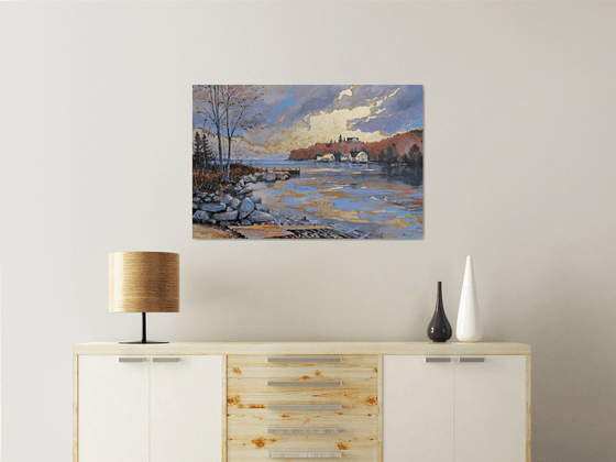 Golden light over the bay (mixed-media, acrylic and gold leaf) (24x36x1.5")