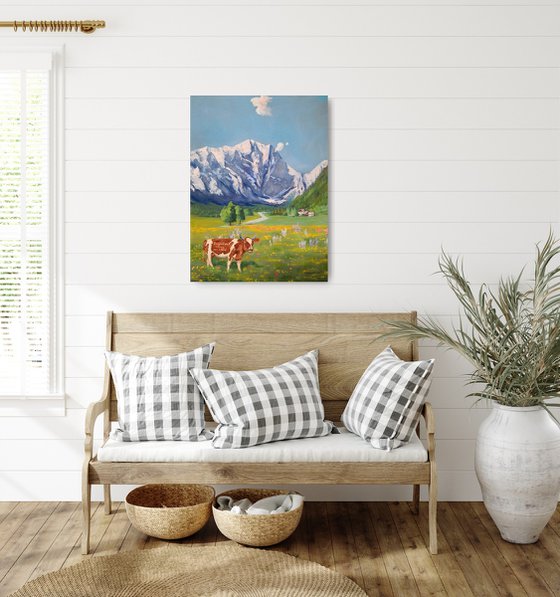 Funny Cow in Switzerland mountains landscape Painting