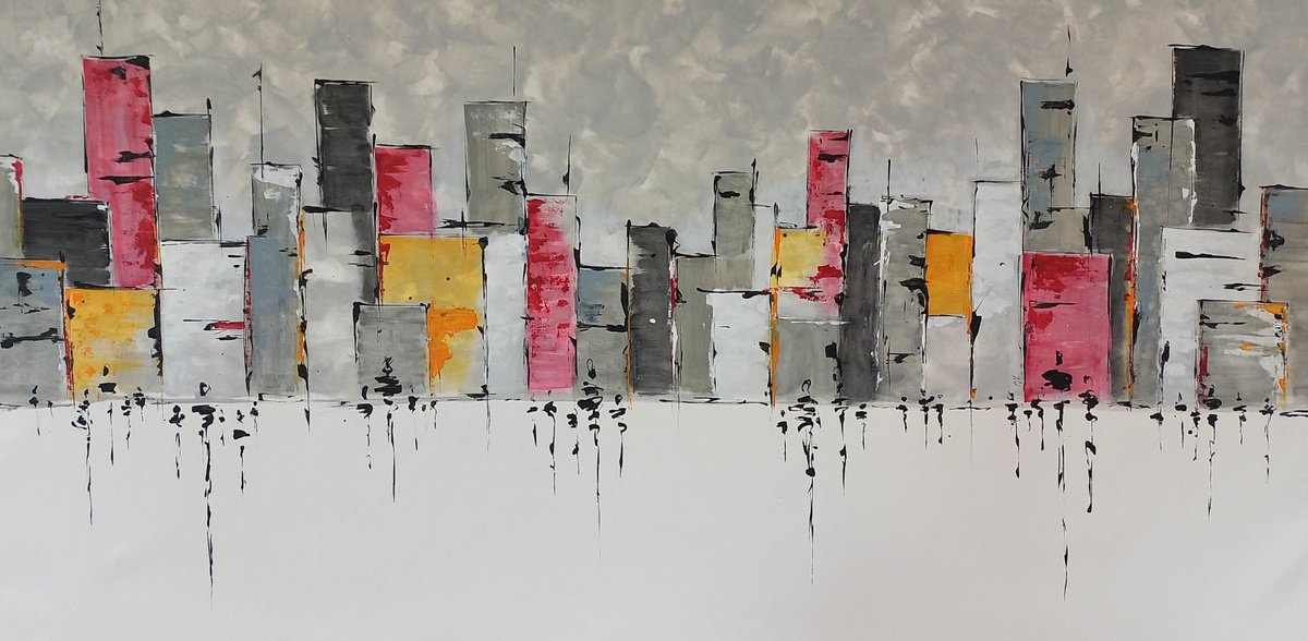 Abstract Cityscapes Acrylic Painting By Max Yaskin, 85 X 44", Strangers 3 By M.y., Original Artwork