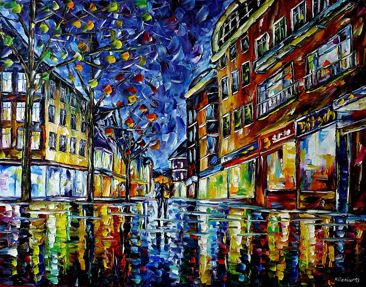 Expressive Cityscapes Oil Painting By Mirek Kuzniar, 28 X 22", Giessen At Night, Original Artwork
