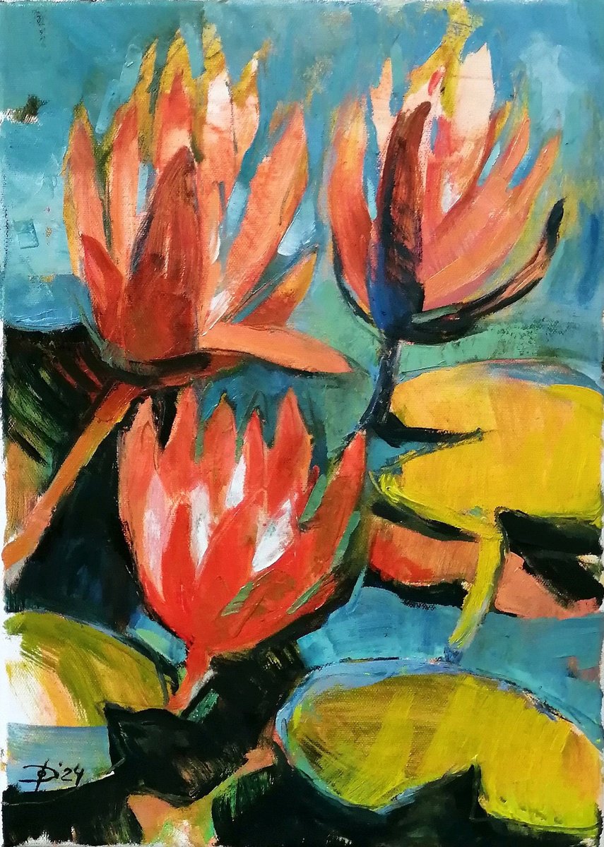 Impressionistic Botanical Acrylic Painting By Olga David, 12 X 17", Pink Water Lily, Original Artwork