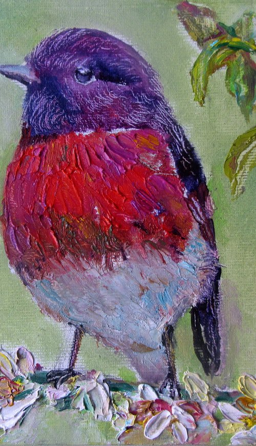 Original Oil Painting 5x7",Eden Bird Mini Art,Colorful Shabby Chic,Burgundy Red,Peaceful Artwork,Canvas Wall Decor,Unframed Impasto Picture by Katia Ricci