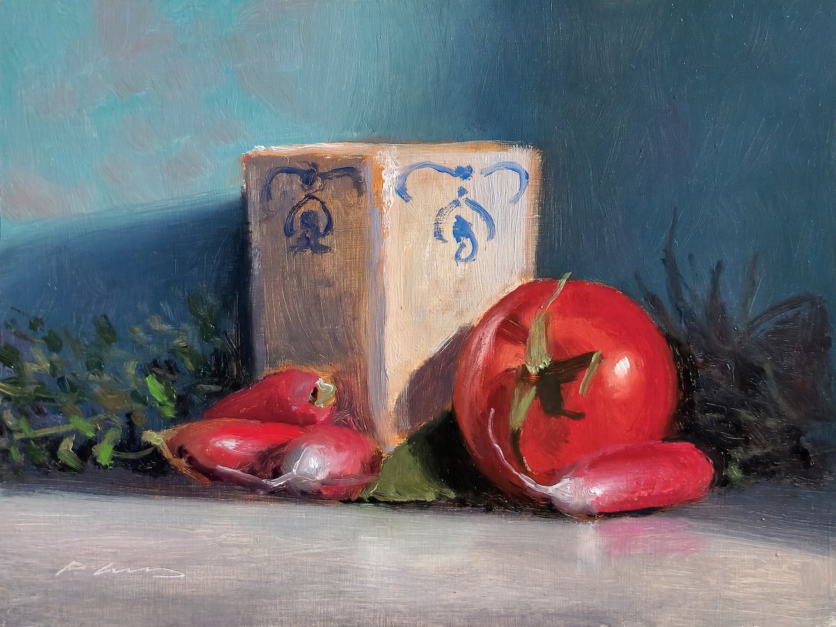 Impressionistic Still Life Oil Painting By Pascal Giroud, 8 X 6", Tomatoe And Radishes, Original Artwork