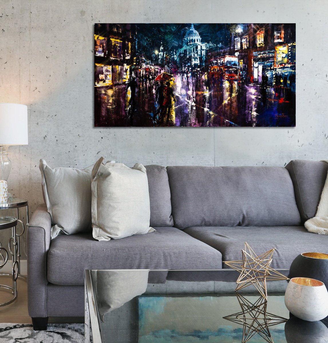 Impressionistic Cityscapes Oil Painting By Aleksandr Neliubin, 33 X 17, Lights Of Night London, Original Artwork