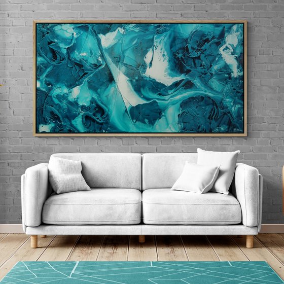 Southern Swell 190cm x 100cm Teal White Textured Abstract Art