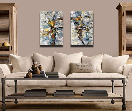 Abstract, Set of Two paintings, Multi Panel Abstract ORIGINAL Textured Modern Textured Palette Knife