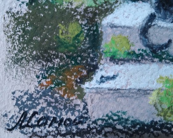 A cat at an old turquoise door